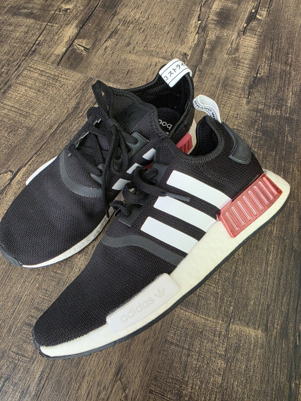 adidas NMD R1 Boost Black White Sneakers with Pink Heel Accent